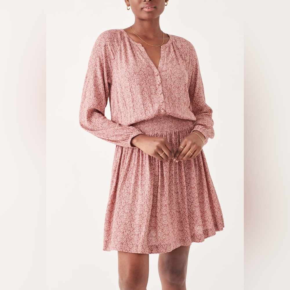 $178 NWT Faherty Montana Mauve Leaf Batik Long‎ Sleeve Mini Dress Boho Casual
